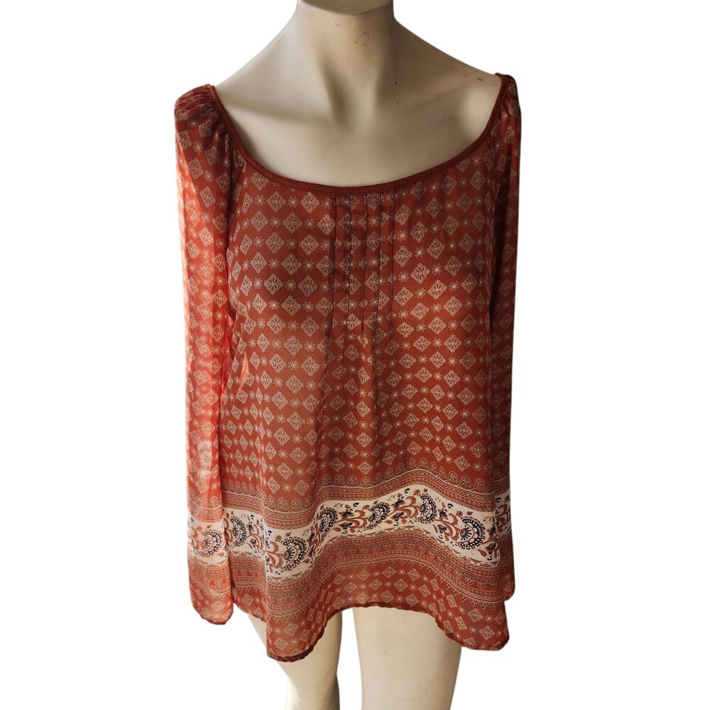 Sweet Journey Mixed Floral Bell Sleeve Semi Sheer Blouse Boho Women Sz L Peasant